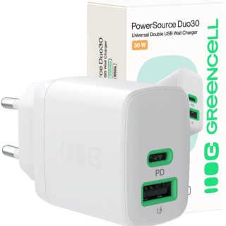 ŁADOWARKA SIECIOWA Greencell PowerSource Duo30 30W 1xUSB-C 1xUSB-A PD 3.0 QC 4.0+ biała