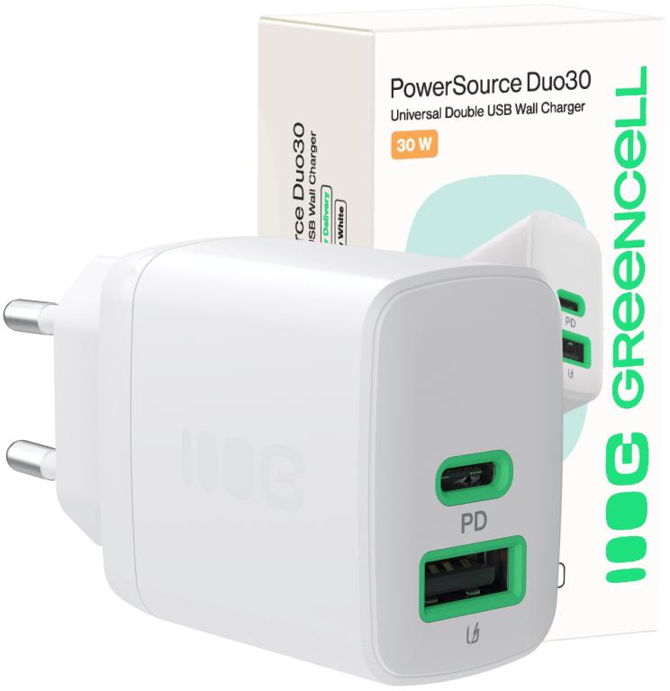 ŁADOWARKA SIECIOWA Greencell PowerSource Duo30 30W 1xUSB-C 1xUSB-A PD 3.0 QC 4.0+ biała
