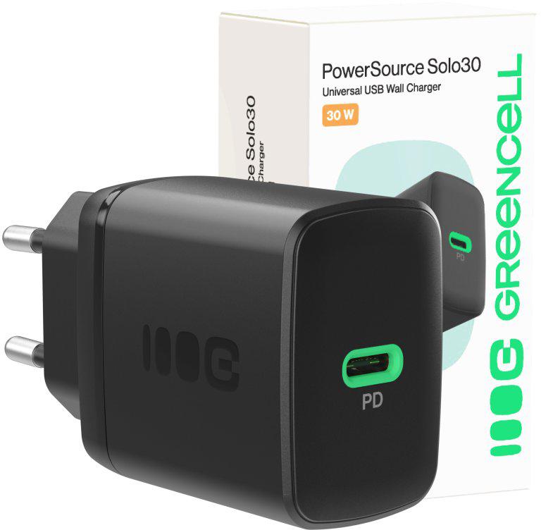 ŁADOWARKA SIECIOWA Greencell PowerSource Solo30 30W 1xUSB-C PD 3.0 QC 4.0+ czarna