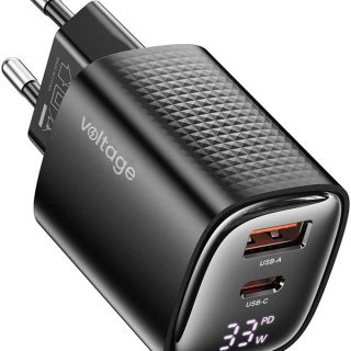 Ładowarka sieciowa Voltage GaN Charger Mini 33W PD 3.0 QC 3.0 USB-A USB-C Digital Display czarna
