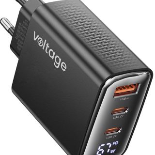 Ładowarka sieciowa Voltage GaN Charger 67W PD 3.0 QC 4.0 USB-A 2x USB-C Digital Display czarna