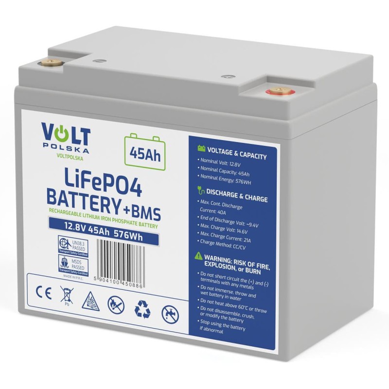 AKUMULATOR VOLT POLSKA LITOWO-ŻELAZOWO-FOSFORANOWY LiFePO4 12V 45Ah 40A 1 AKUMULATOR VOLT POLSKA LITOWO-ŻELAZOWO-FOSFORANOWY LiFePO4 12V 45Ah 40A