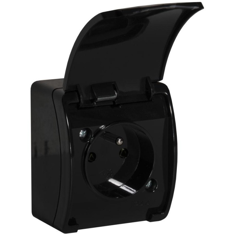 Gniazdo natynkowe pojedyncze z uziemieniem, z klapką VIPLAST KOALA CZARNE IP44 161-05 1 3cd5283dc6b2d6cca9ab8fcdba3abd08