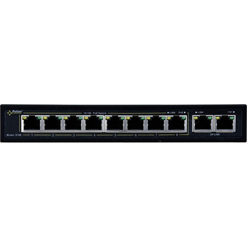 SWITCH POE PULSAR S108 10-PORTÓW (8xPoE + 2xUPLINK) IEEE 802.3af/at, 48VDC / 30W/port (PoE+) 120W 1 43379afbdb3ce0d490520a9dbb39931c