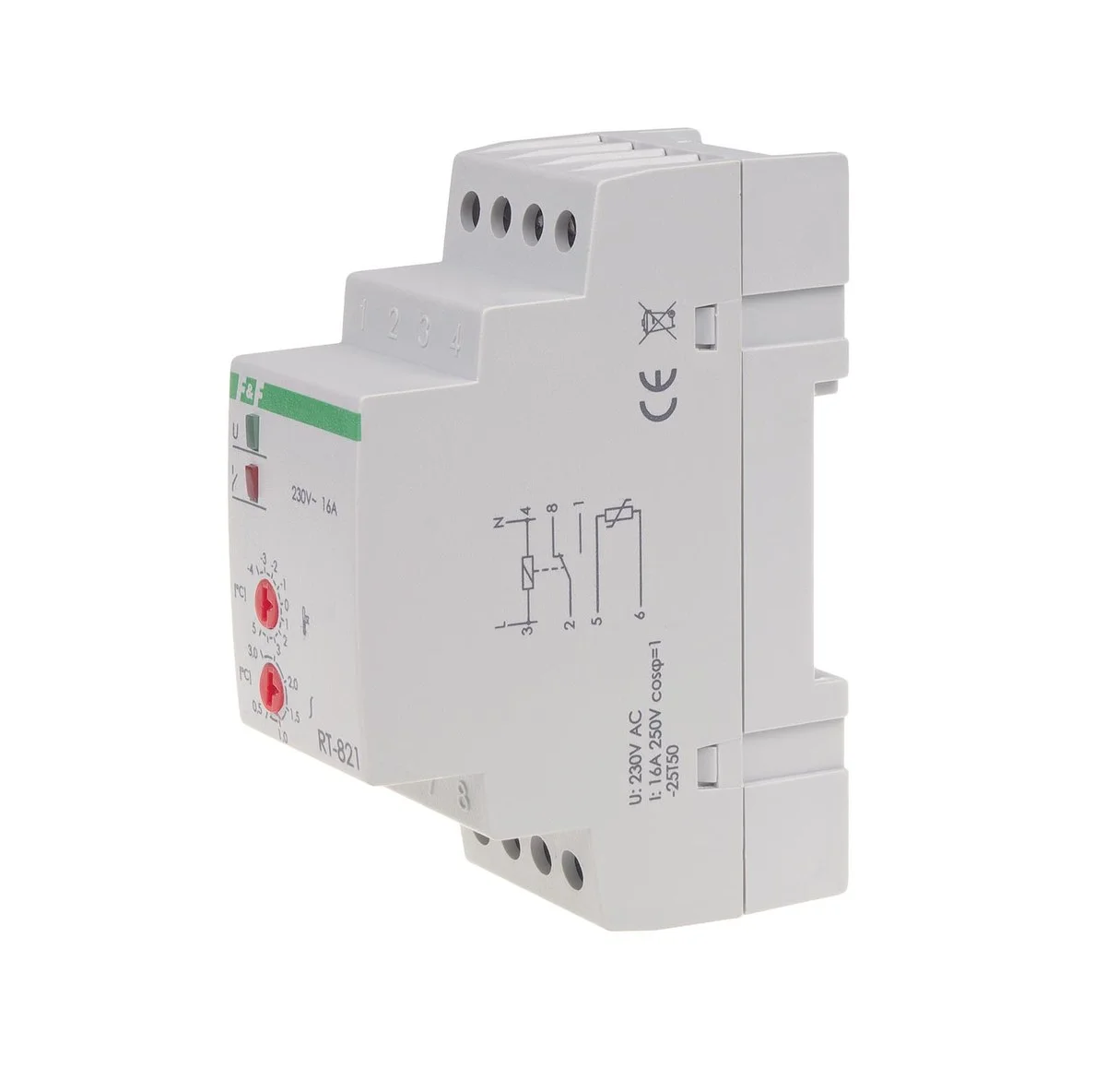 Regulator temperatury RT-821 z sondą w kmpl. zakres regulacji temp.: -4÷5°C, styki: 1P, I=16A, 2 moduły 3 d41bb0d65bac206d090525807f24f134